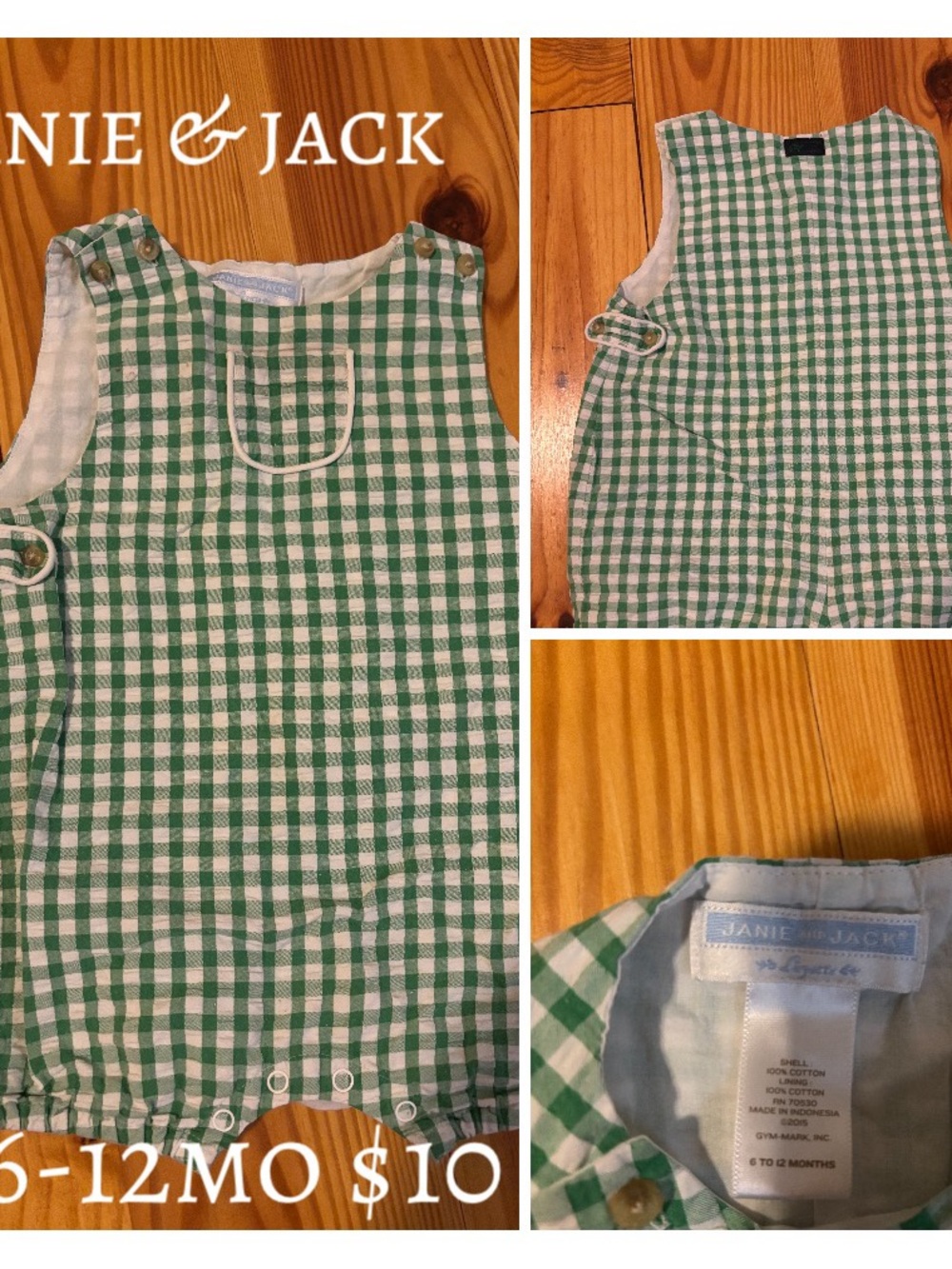 Janie and Jack Green and White Gingham Sleeveless Romper